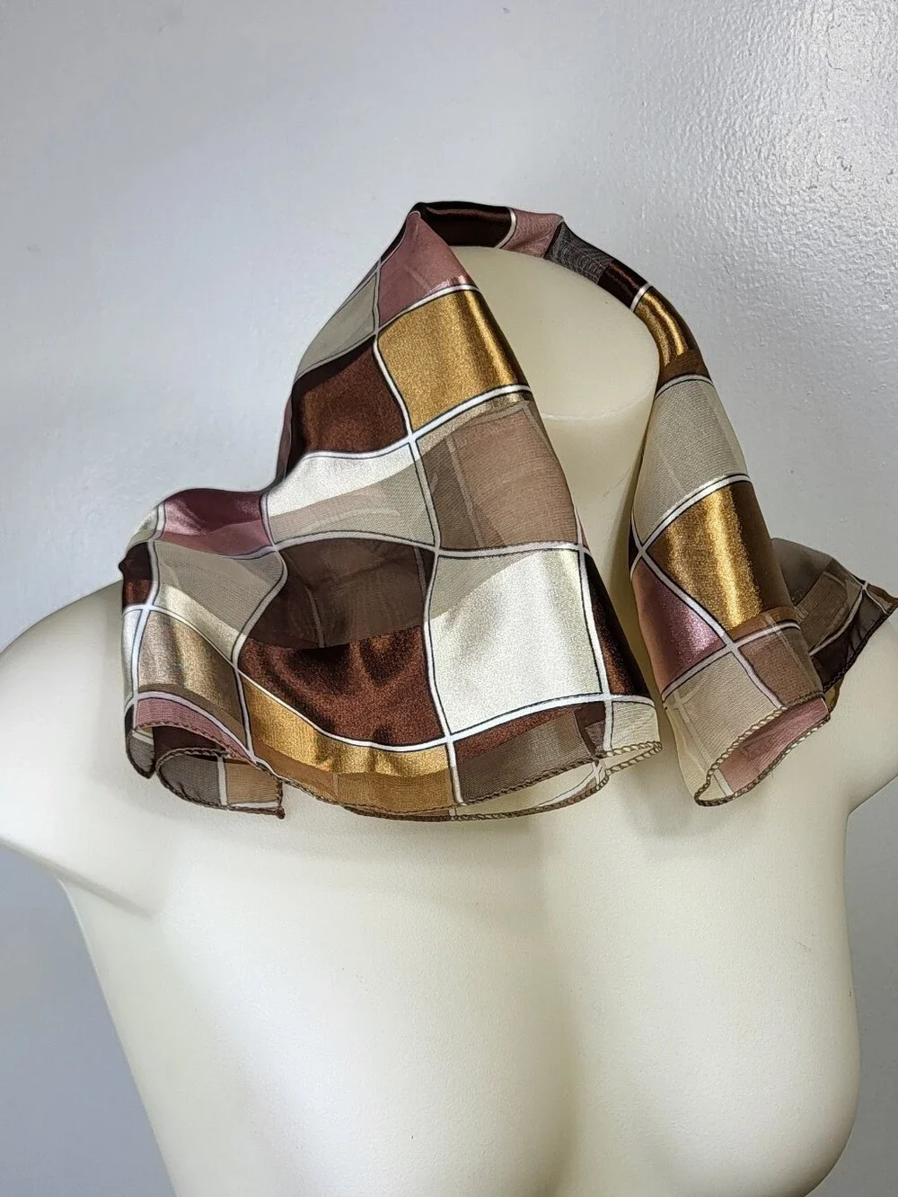 1960's 70's Style Silk-Feel Plaid Neck Scarf in Brown and Gold 20